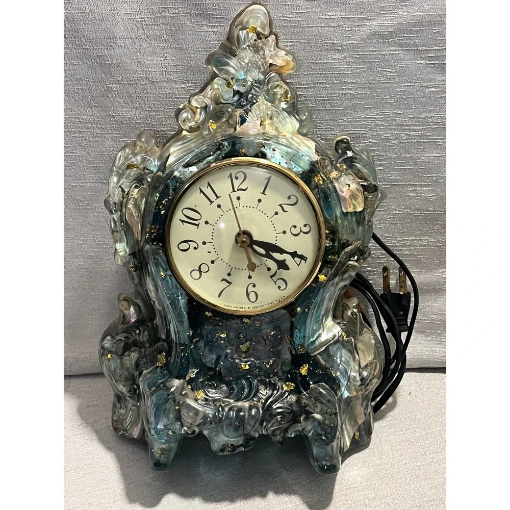 Vintage Sessions Electric Mantel Clock Abalone Shell Resin Gold Leaf Mid Century